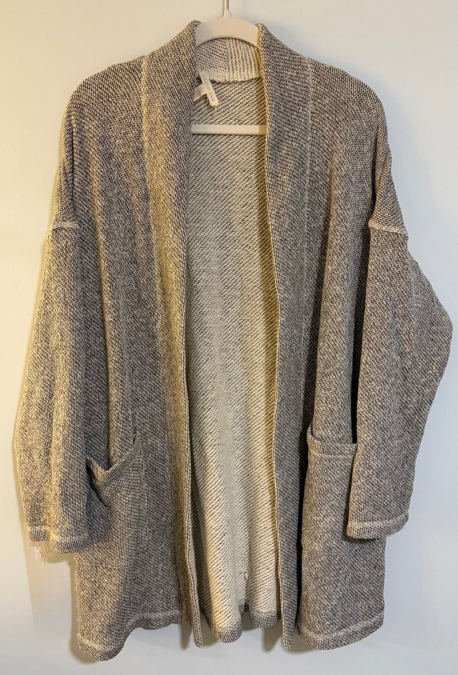 Eileen Fisher Organic Cotton Long Cardigan L Gray Marled Open Front Oversized